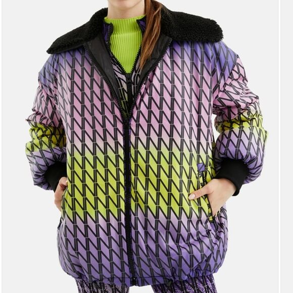 Nocturne Oversized Puffer Jacket Coat Faux Fur Collar Ombre Lined Women Small 36 - Picture 2 of 16